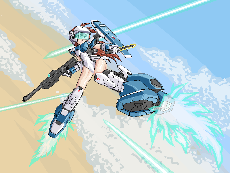 1girl, brown_eyes, brown_hair, cecihoney, clouds, english_commentary, floating_hair, flying, gun, helmet, holding, holding_gun, holding_knife, holding_weapon, knife, laser, leotard, long_hair, mecha_musume, original, pixel_art, sky, solo, v-shaped_eyebrows, visor, weapon