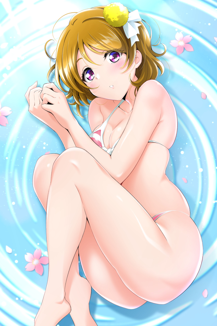 1girl, barefoot, bikini, breasts, brown_hair, hair_ornament, highres, kirisaki_reina