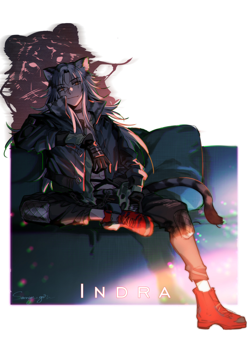 1girl, animal_ears, arknights, black_gloves, black_jacket, brown_eyes, character_name, gloves