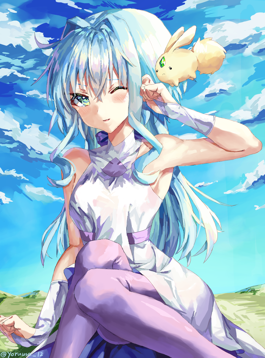 1girl, armpit_peek, artist_name, bangs, blue_hair, blush, breasts, clouds