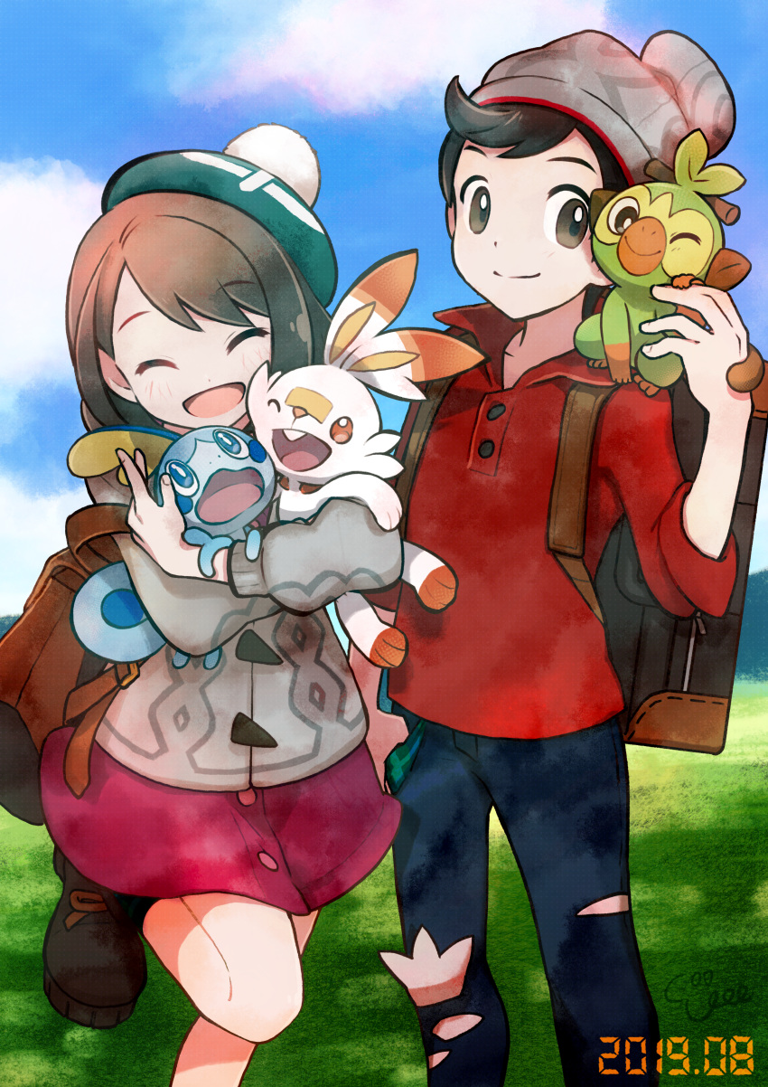 1boy, 1girl, absurdres, backpack, bag, bangs, beanie, blush, boots, brown_bag, brown_eyes, brown_footwear, brown_hair, buttons, cable_knit, cardigan, closed_eyes, closed_mouth, clouds, commentary_request, coogee, day, denim, dress, eyebrows_visible_through_hair, gen_8_pokemon, gloria_(pokemon), green_headwear, grey_cardigan, grey_headwear, grookey, hat, highres, holding, holding_pokemon, huge_filesize, jeans, leg_up, on_shoulder, open_mouth, outdoors, pants, pink_dress, plaid, pokemon, pokemon_(creature), pokemon_(game), pokemon_on_shoulder, pokemon_swsh, red_shirt, scorbunny, shirt, sky, sleeves_rolled_up, smile, sobble, standing, starter_pokemon_trio, suitcase, swept_bangs, tam_o'_shanter, torn_clothes, torn_jeans, torn_pants, victor_(pokemon)
