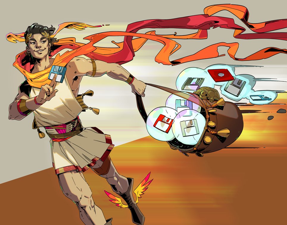 1boy, armband, bag, black_eyes, black_hair, boots, floppy_disk, greek_clothes