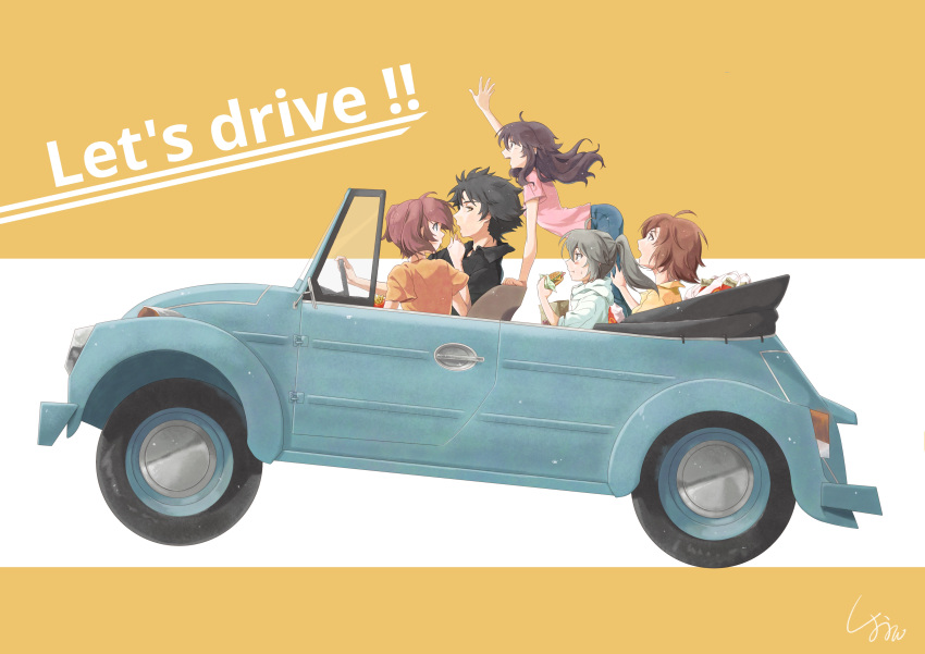 2boys, 3girls, absurdres, black_hair, blue_eyes, brown_eyes, brown_hair, car