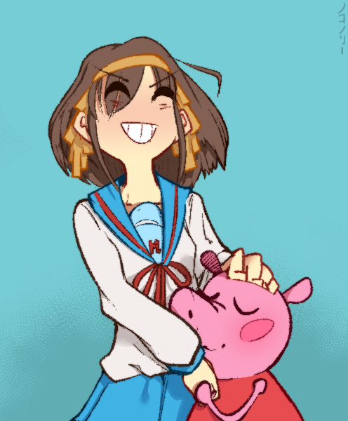 2girls, aliasing, animal, animal_ears, blue_background, blue_skirt, blush, blush_stickers, brown_hair, closed_eyes, collarbone, dithering, dress, eyebrows_visible_through_hair, hair_ornament, hair_over_one_eye, hairband, hand_on_another's_head, holding_hand, hug, long_sleeves, multiple_girls, neck_ribbon, nokonorii, peppa_pig, peppa_pig_(series), pig, pig_ears, pleated_skirt, red_dress, red_neckwear, ribbon, school_uniform, serafuku, shirt, short_hair, sidelocks, skirt, snout, suzumiya_haruhi, suzumiya_haruhi_no_yuuutsu, teeth, white_shirt, yellow_hairband