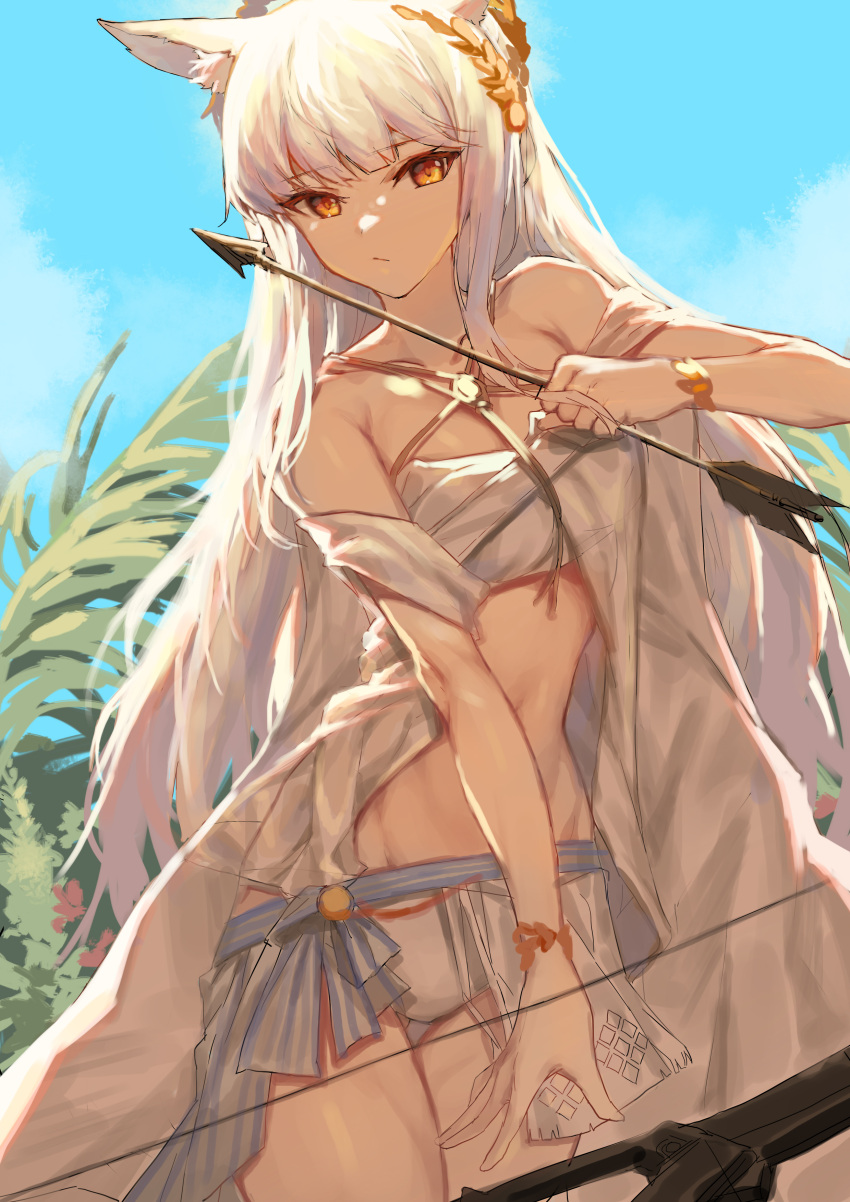 1girl, :/, absurdres, animal_ear_fluff, animal_ears, arknights, arrow_(projectile), bangs