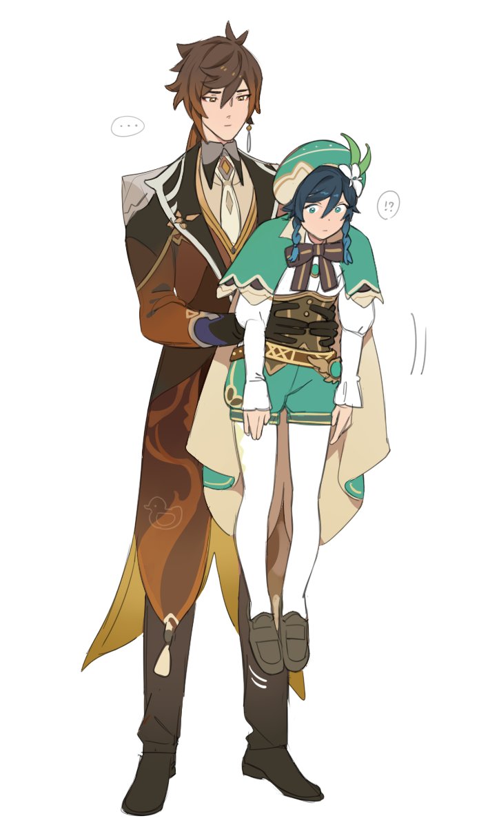 !?, ..., 2boys, bangs, black_gloves, black_hair, blue_hair, bow, braid, brown_hair, cape, carrying, closed_mouth, collar, earrings, flower, formal, frilled_sleeves, frills, gem, genshin_impact, gloves, gradient_hair, green_headwear, hair_between_eyes, hair_flower, hair_ornament, hands_on_another's_hips, hat, highres, holding, holding_another, jacket, jewelry, long_hair, long_sleeves, male_focus, multicolored_hair, multiple_boys, necktie, otoko_no_ko, shoes, simple_background, single_earring, suit, tassel, tassel_earrings, twin_braids, venti_(genshin_impact), white_background, white_legwear, y4_impact, yellow_eyes, zhongli_(genshin_impact)