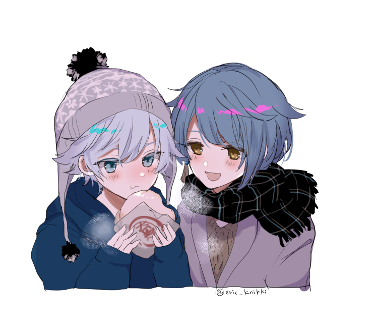 2boys, artist_name, bangs, baozi, beanie, blue_eyes, blue_hair, blush