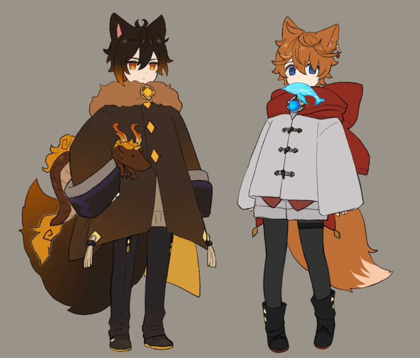 2boys, animal_ears, bangs, black_hair, blue_eyes, boots, brown_hair, child