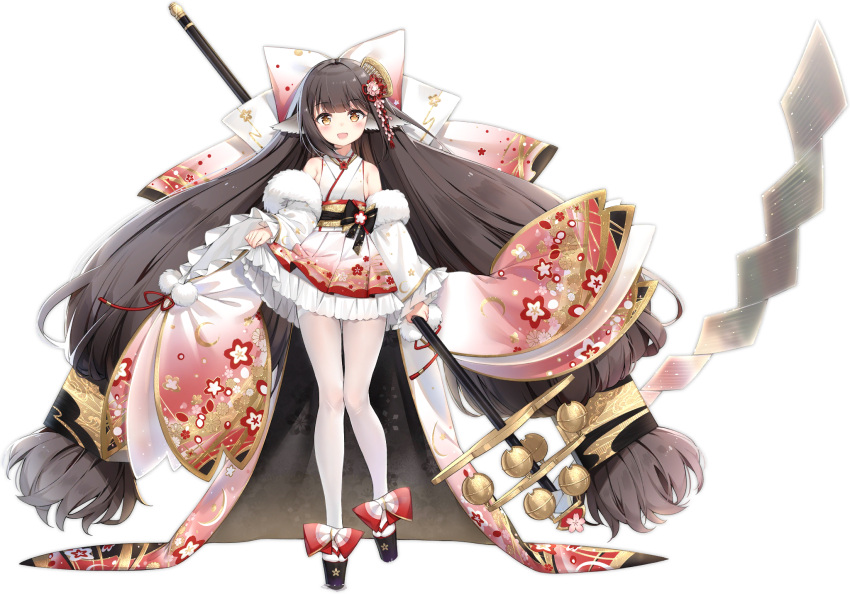 1girl, azur_lane, bare_shoulders, bow, brown_hair, expressions, floral_print, full_body, fur_trim, hair_bow, harutsuki_(azur_lane), harutsuki_(beautiful_new_year's_dance)_(azur_lane), highres, holding, holding_staff, long_hair, looking_at_viewer, maya_g, official_alternate_costume, official_art, pantyhose, red_sash, sash, solo, staff, thighband_pantyhose, transparent_background, very_long_hair, white_legwear, wide_sleeves, yellow_eyes