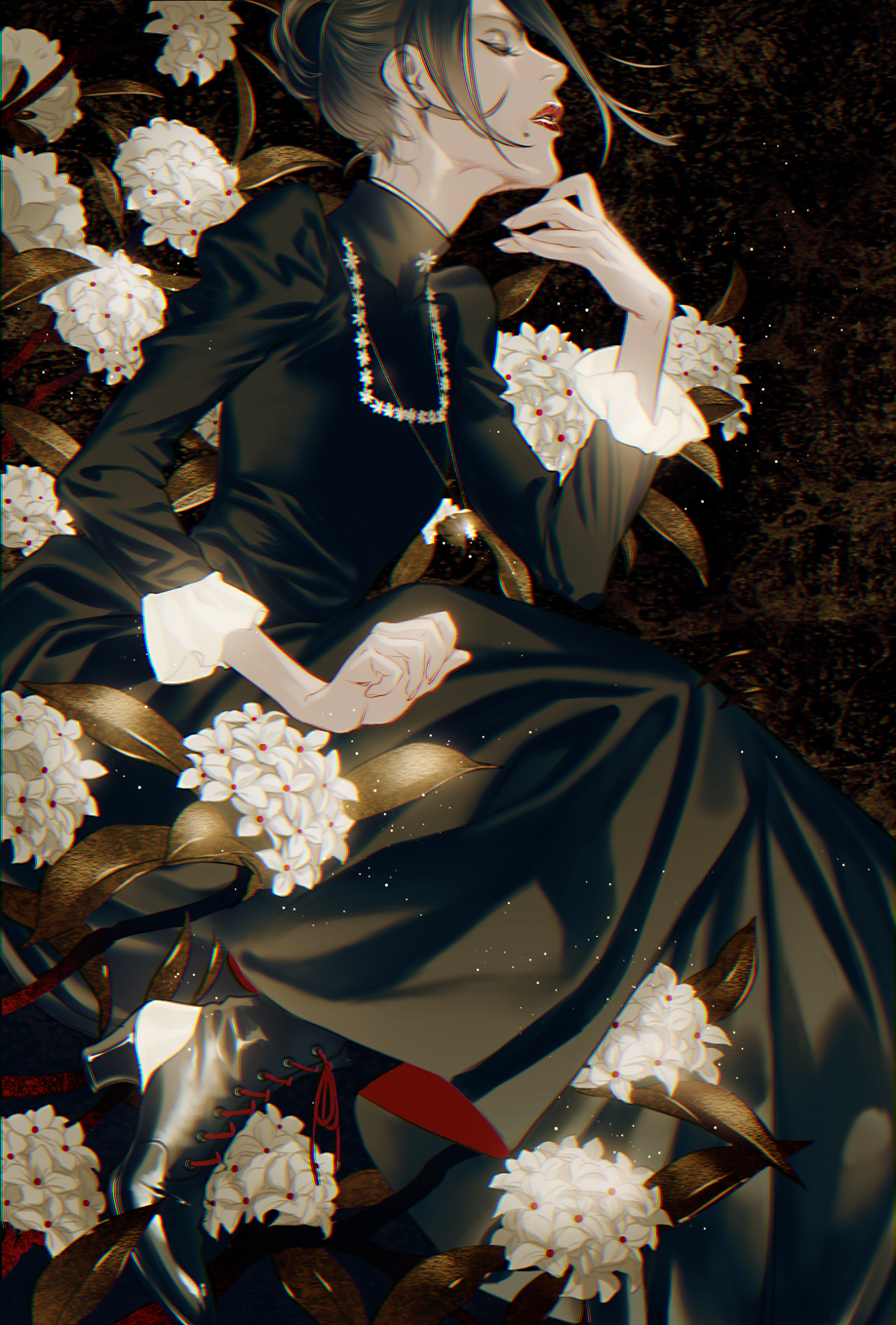 1boy, androgynous, bangs, black_dress, black_hair, dress, earrings, flower