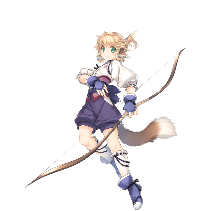 1girl, amazuyu_tatsuki, animal_ears, bangs, blonde_hair, blue_footwear, blue_gloves, bow_(weapon)