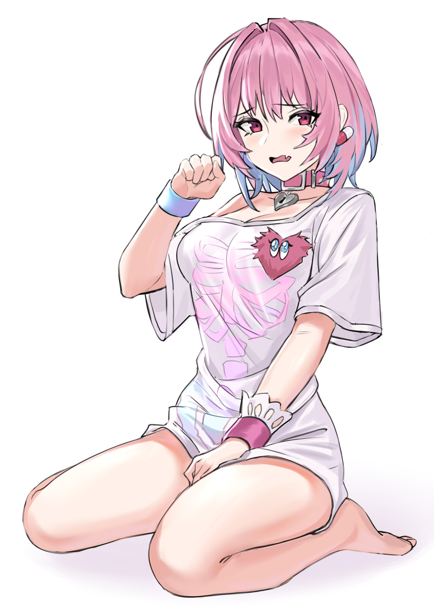 1girl, absurdres, ahoge, bare_legs, blue_hair, collar, fang, full_body