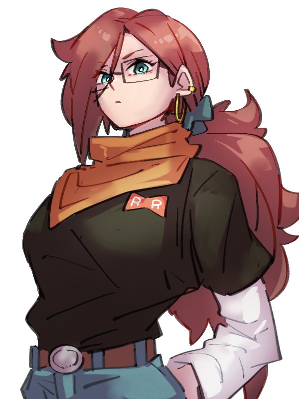1girl, alternate_hairstyle, android_17, android_17_(cosplay), android_21, belt, black_shirt, blue_eyes