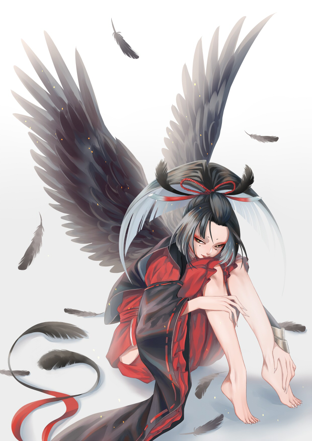 1boy, barefoot, black_feathers, black_hair, eyeshadow, feathers, hair_ribbon, june_mina, knees_up, kogarasumaru_(touken_ranbu), long_sleeves, makeup, male_focus, red_ribbon, ribbon, ribbon_trim, sitting, solo, touken_ranbu, white_background, wide_sleeves