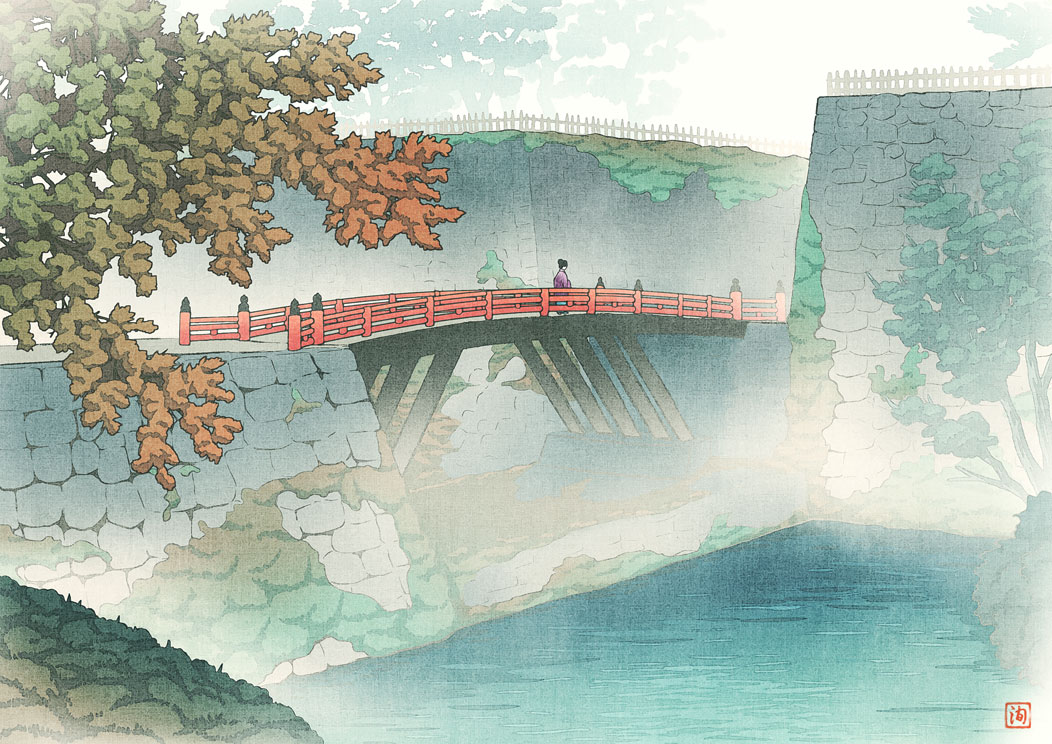 1girl, black_hair, bridge, fence, fog, from_behind, grass, japanese_clothes