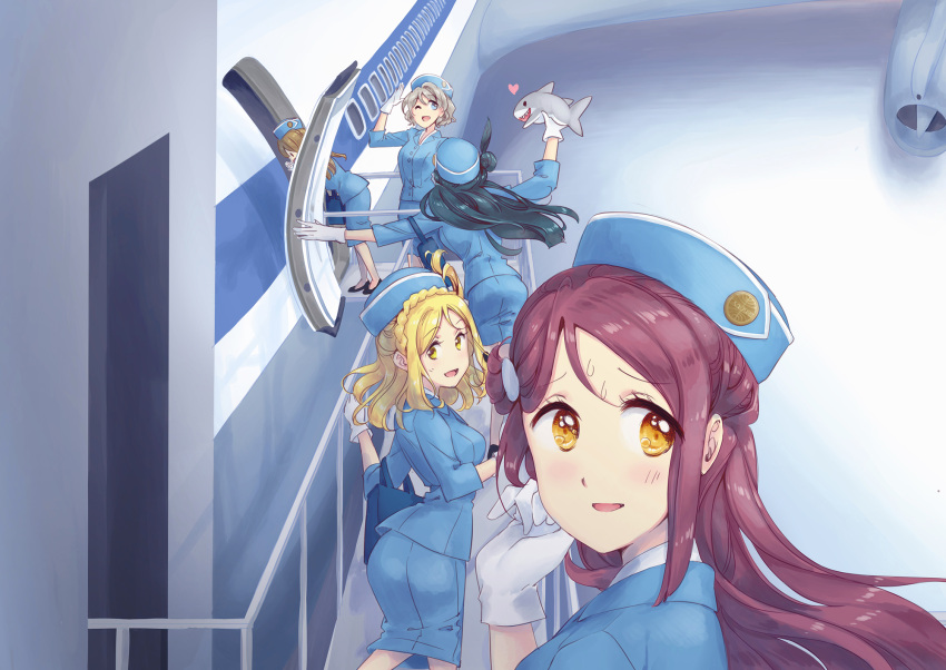 5girls, aircraft, airplane, blonde_hair, blue_eyes, blue_hair, blue_skirt, brown_eyes