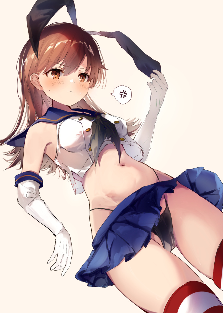 1girl, anger_vein, beige_background, black_panties, blue_skirt, breasts, brown_eyes, brown_hair