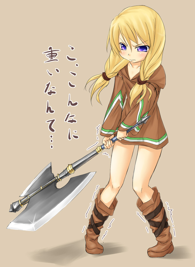 blonde_hair, blue_eyes, buresu, final_fantasy, final_fantasy_tactics, geomancer_(fft), solo, translated, twintails, warrior, weapon