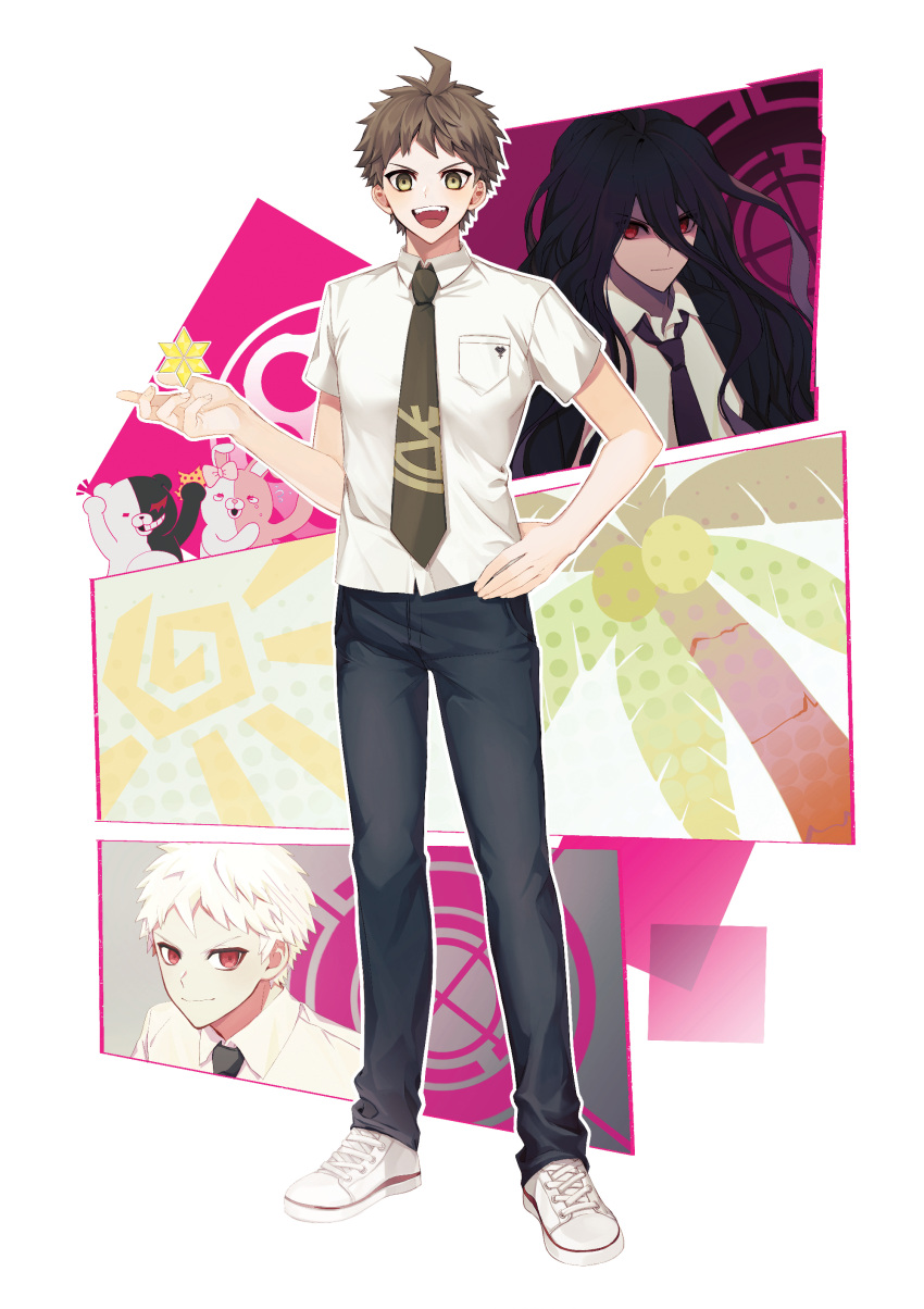 3boys, :d, absurdres, ahoge, bangs, black_hair, black_pants, breast_pocket