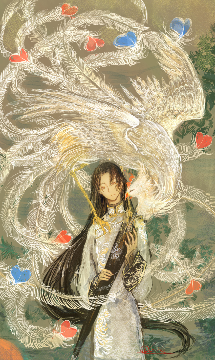 1boy, bird, black_hair, character_request, feathers, highres, holding, identity_v