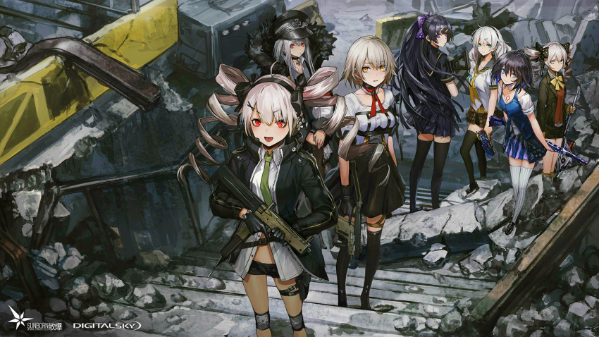 6+girls, ahoge, artist_request, bangs, benghuai_xueyuan, black_footwear, black_hair, black_legwear