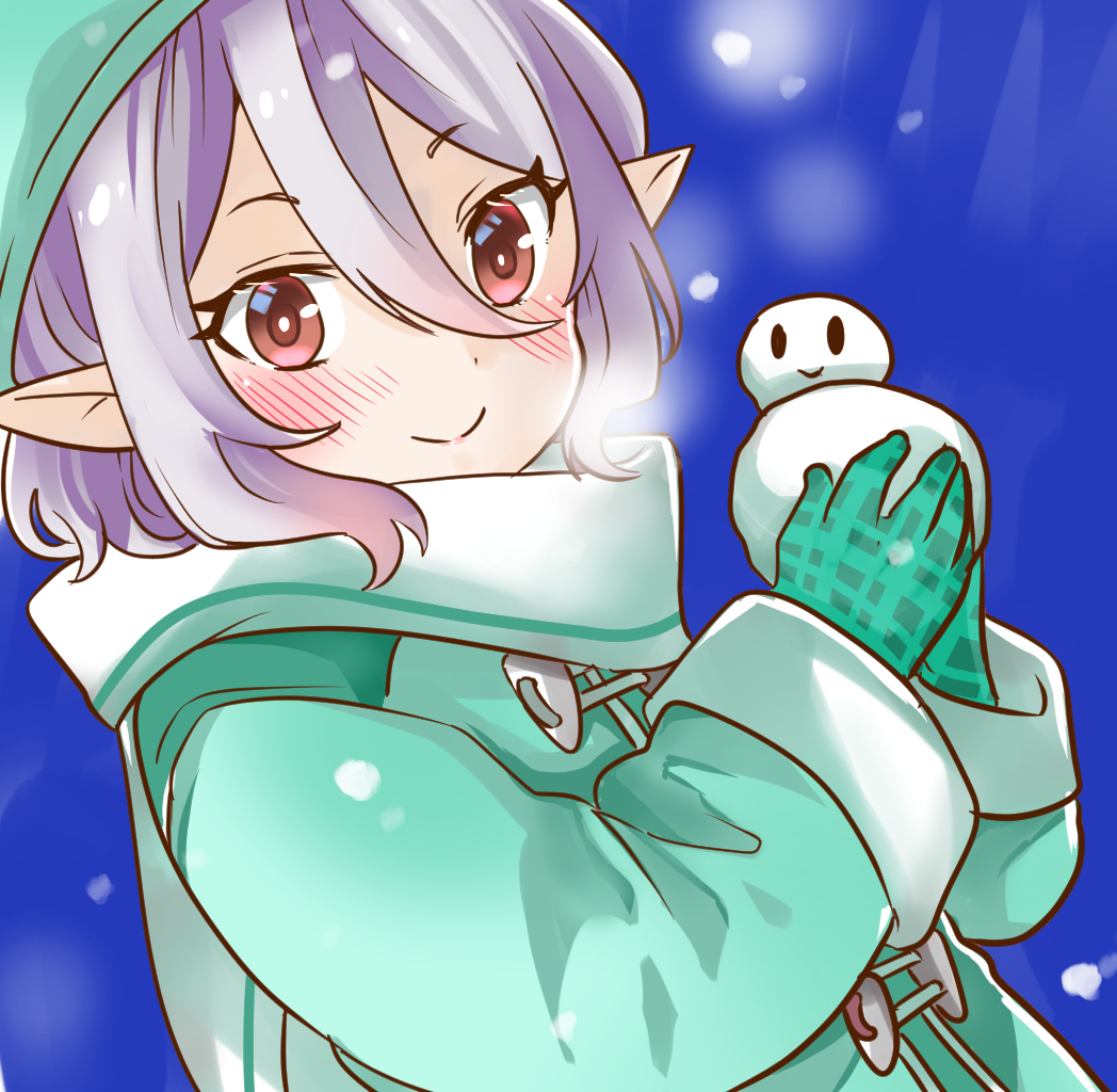 1girl, blue_background, blush, coat, commentary_request, eyebrows_visible_through_hair, gloves, green_coat