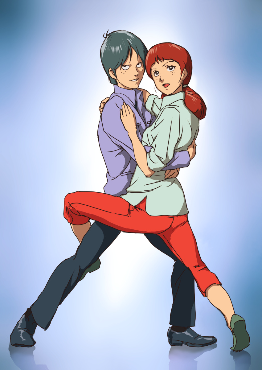 1boy, 1girl, absurdres, black_eyes, black_footwear, black_pants, blue_background, blue_shirt