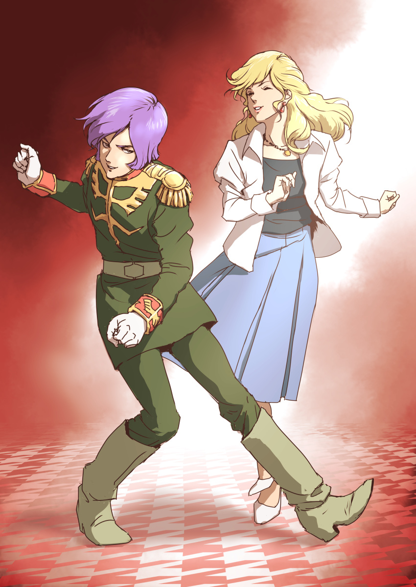 1boy, 1girl, absurdres, bangs, black_shirt, blonde_hair, boots, closed_eyes