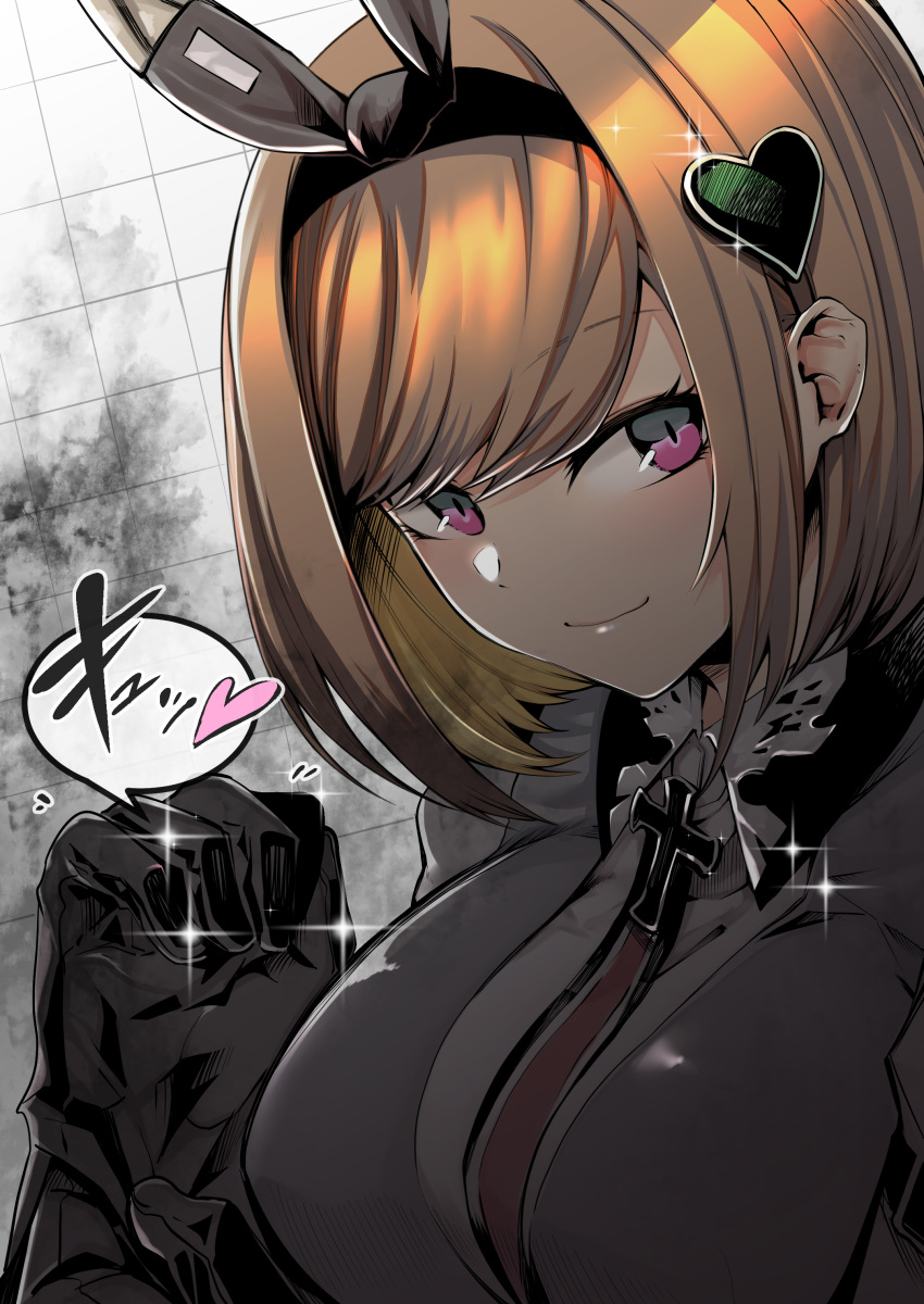 1girl, absurdres, ash_arms, bf_109_e4_(ash_arms), black_gloves, breasts, brown_hair, commentary_request, gloves, hair_ornament, headband, heart, heart_hair_ornament, highres, iron_cross, ku-ba, large_breasts, looking_at_viewer, necktie, portrait, short_hair, simple_background, smile, solo, violet_eyes