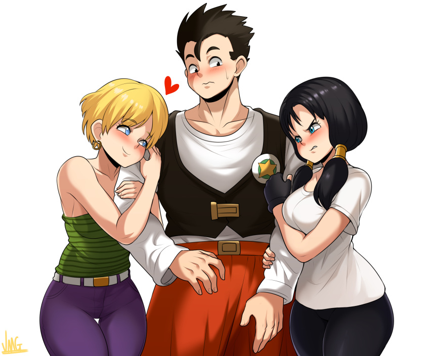 1boy, 2girls, arm_hug, bare_shoulders, belt, bike_shorts, black_hair, black_shorts