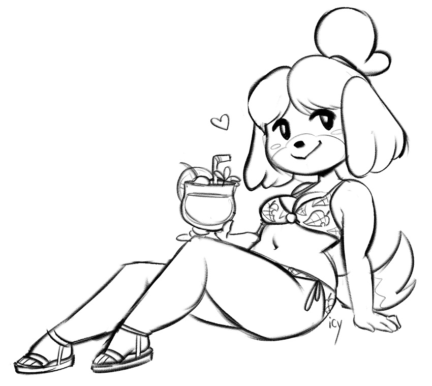 1girl, absurdres, animal_crossing, animal_ears, arm_support, bikini, blush_stickers, breasts, commentary, dog, dog_ears, dog_tail, drink, furry, heart, highres, isabelle_(animal_crossing), iseenudepeople, medium_breasts, monochrome, navel, pinky_out, sandals, shih_tzu, signature, simple_background, sitting, sketch, smile, solo, swimsuit, tail, white_background