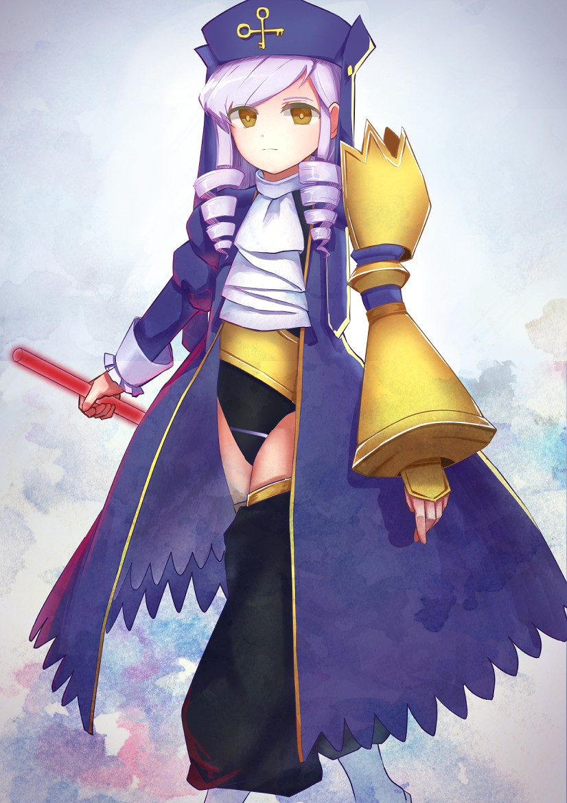 1girl, black_pants, boots, detached_pants, dlanor_a_knox, drill_hair, expressionless, eyebrows_behind_hair, holding, juliet_sleeves, leotard, light_purple_hair, long_sleeves, minakamimura, pants, puffy_sleeves, purple_hair, sleeve_cuffs, solo, umineko_no_naku_koro_ni, visible_ears, walking, white_footwear, yellow_eyes