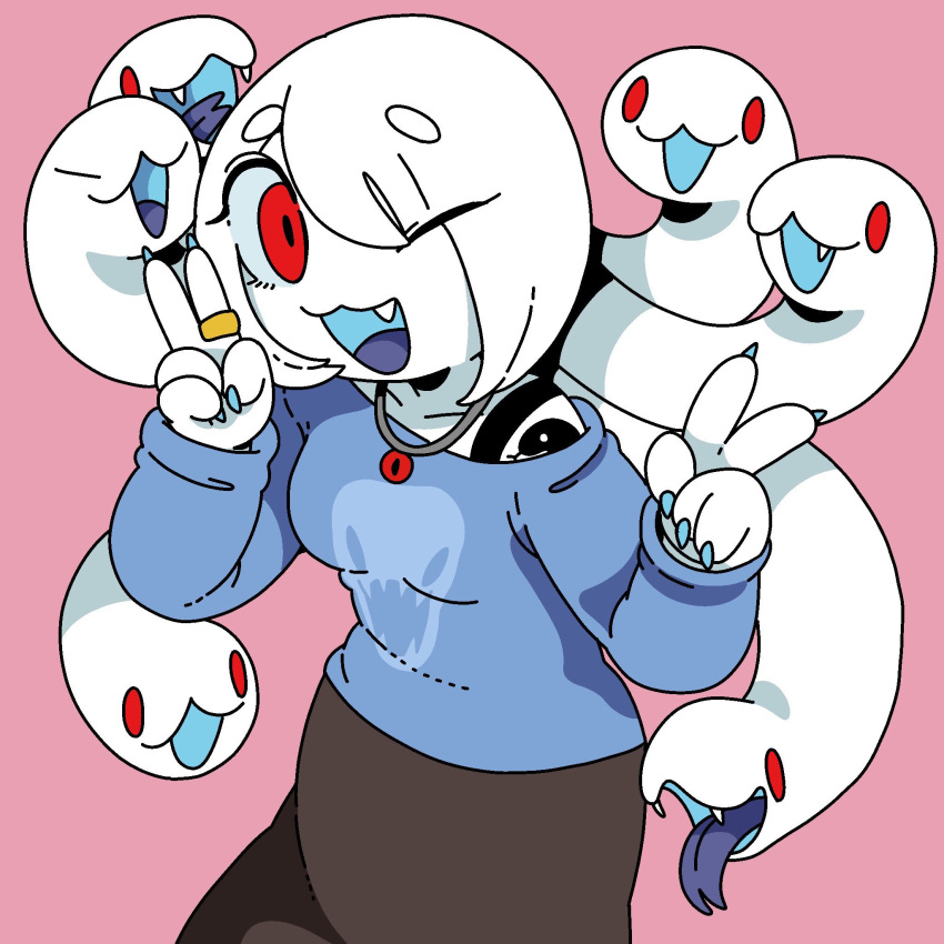 1girl, blue_nails, blue_shirt, eyebrows_visible_through_hair, fang, fingernails, forked_tongue, gorgon