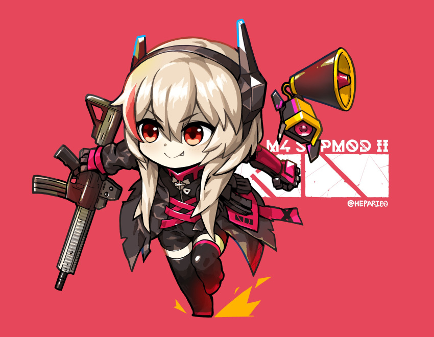1girl, artist_name, assault_rifle, blonde_hair, chibi, commission, eyebrows_visible_through_hair, fang