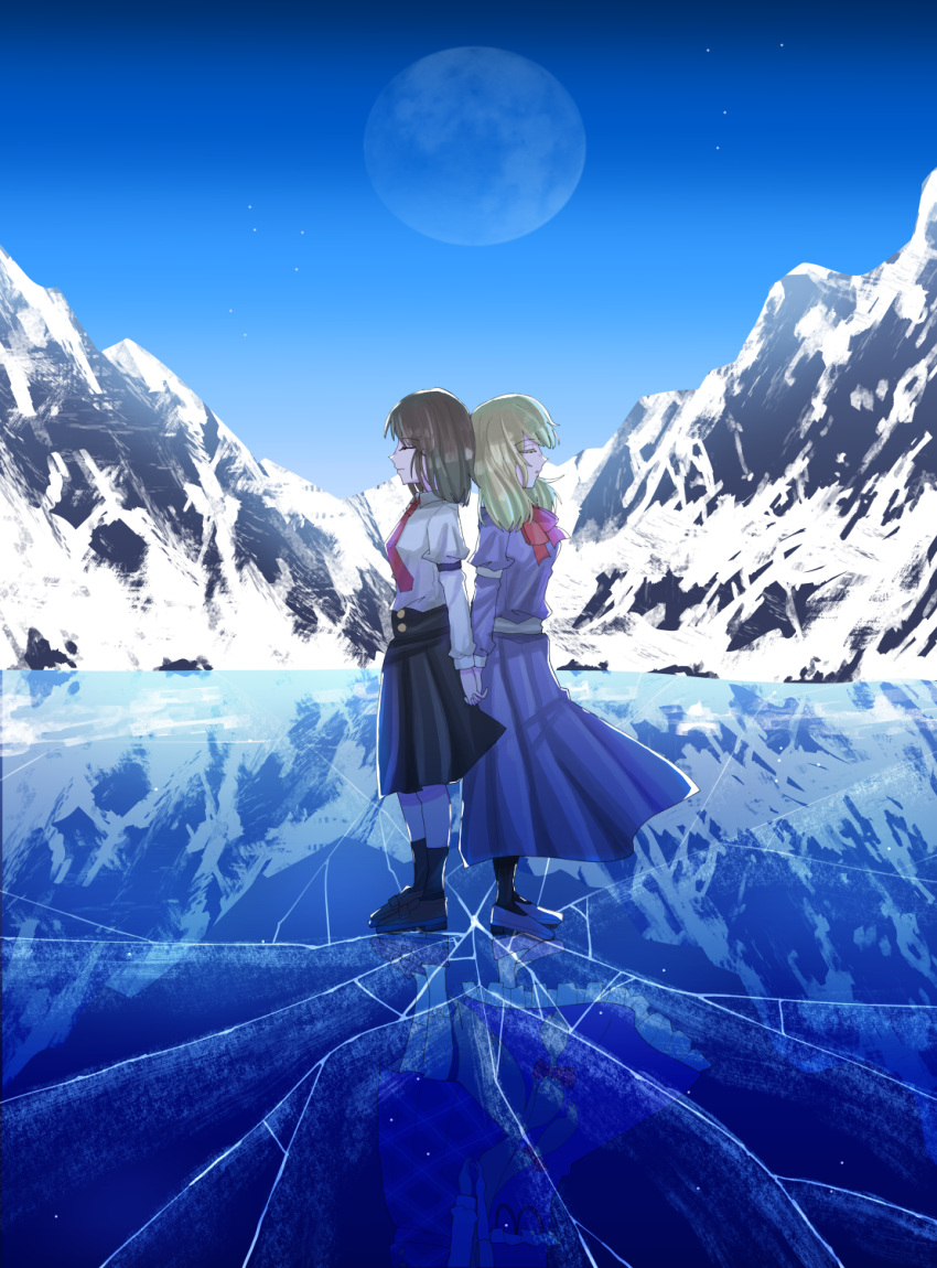 2girls, blonde_hair, bow, brown_hair, dress, erisauria, frozen_lake, highres, lake, landscape, maribel_hearn, moon, mountain, multiple_girls, nature, necktie, no_hat, no_headwear, outdoors, purple_dress, ribbon, scenery, shattered, snow, star_(sky), touhou, usami_renko, winter