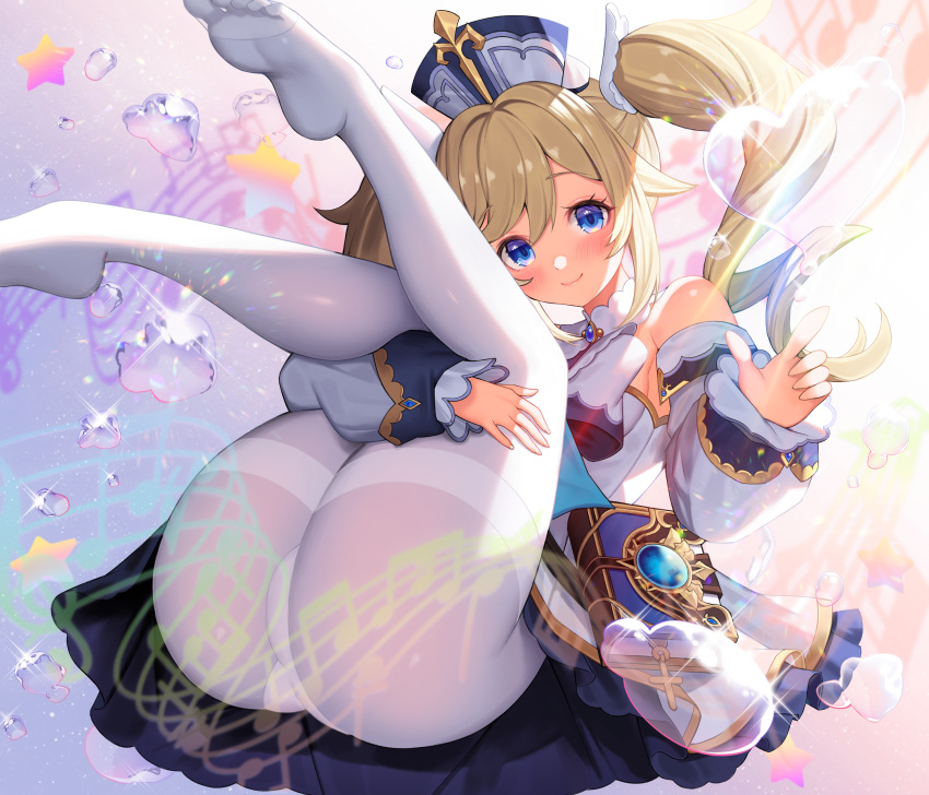 1girl, absurdres, arm_up, ass, bangs, barbara_(genshin_impact), bare_shoulders, blonde_hair, blue_eyes, blush, book, breasts, bubble, detached_sleeves, dress, drill_hair, eyebrows_visible_through_hair, feet, genshin_impact, hair_ornament, hat, heart_bubbles, highres, huge_filesize, leg_grab, long_hair, long_sleeves, looking_at_viewer, musical_note, no_shoes, pantyhose, rainbow_gradient, simple_background, small_breasts, smile, soles, solo, sparkle, staff_(music), star_(symbol), thighband_pantyhose, thighs, toes, twin_drills, twintails, water, white_dress, white_headwear, white_legwear, yuri_(chocho_q)