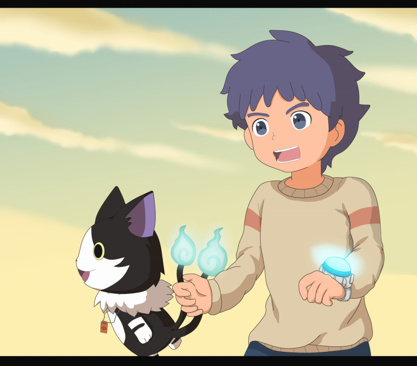 1960s_(style), 1boy, animal_ears, beige_sweater, black_fur, cat_ears, cat_tail, dark_blue_hair, excited, highres, karasusyoui, nekomata, nekomata_(youkai_watch), retro_artstyle, shin_shimomachi, smile, sweater, tail, talisman, watch, youkai, youkai_watch, youkai_watch_(object)