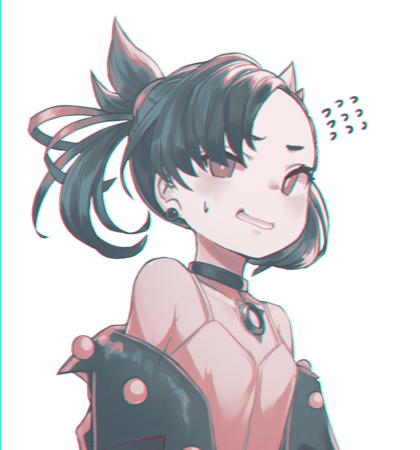 1girl, asymmetrical_bangs, bangs, black_choker, black_hair, black_jacket, bongnom, brown_eyes