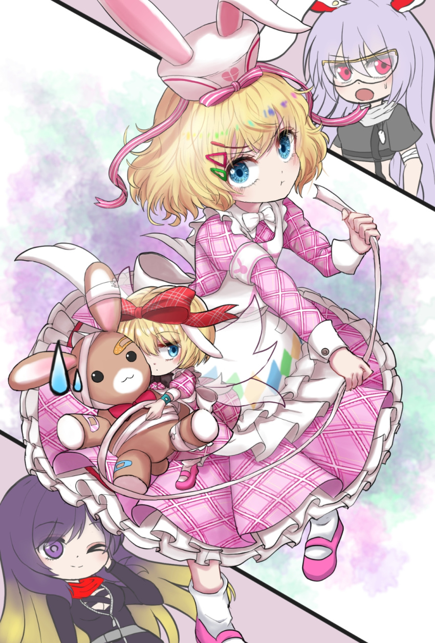 3girls, :t, animal_ears, apron, armband, arms_up, bandages, bandaid