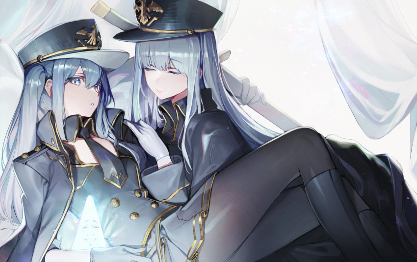 2girls, blue_eyes, blue_hair, borrowed_character, chyan, closed_eyes, hat, highres