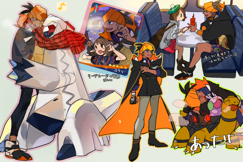 1boy, 1girl, backpack, bag, black_hair, blush, bob_cut, boots, brown_bag, brown_eyes, brown_footwear, brown_hair, cardigan, character_name, claw_pose, clenched_teeth, commentary_request, dark_skin, dark_skinned_male, dress, duraludon, dynamax_band, gen_3_pokemon, gen_4_pokemon, gen_6_pokemon, gen_8_pokemon, gloria_(pokemon), goomy, green_headwear, grey_cardigan, gym_leader, hat, holding, hood, hooded_cardigan, hoodie, musical_note, orange_headwear, picube525528, plaid, plaid_scarf, pokemon, pokemon_(game), pokemon_swsh, raihan_(pokemon), rotom, rotom_phone, scarf, shared_scarf, shoes, short_hair, sitting, smile, standing, star_(symbol), tam_o'_shanter, teeth, torkoal, train_interior, trainer_card