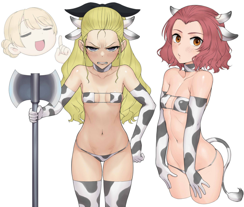 3girls, :d, alternate_costume, animal_ears, animal_print, assam_(girls_und_panzer), axe, battle_axe