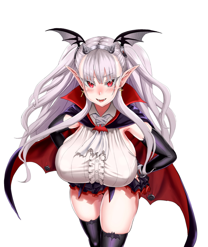 1girl, black_legwear, blush, breasts, cape, cross, cross_earrings, detached_sleeves