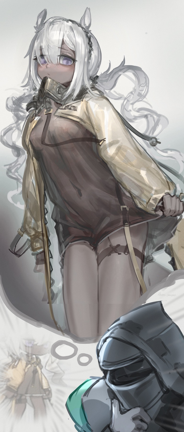 1girl, 1other, animal_ears, arknights, bangs, black_dress, blush, breasts