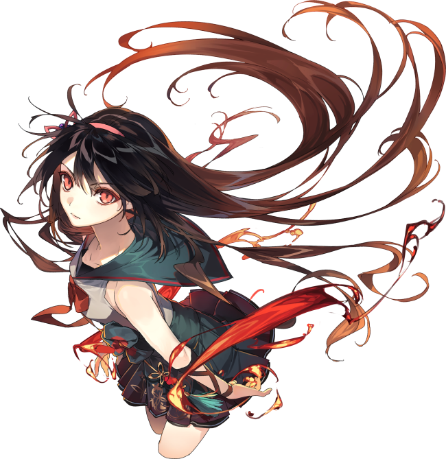 1girl, armlet, black_hair, closed_mouth, commentary_request, cropped_legs, expressionless, eyebrows_visible_through_hair, fire, floating_hair, gradient_hair, hairband, korean_commentary, long_hair, looking_at_viewer, multicolored_hair, neckerchief, orange_eyes, orange_hair, original, pig_ggul, pleated_skirt, pyrokinesis, school_uniform, serafuku, skirt, sleeveless, solo, very_long_hair, white_background