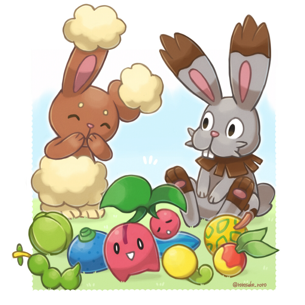 :3, ^_^, animal_focus, artist_name, aspear_berry, berry_(pokemon), black_eyes, buck_teeth