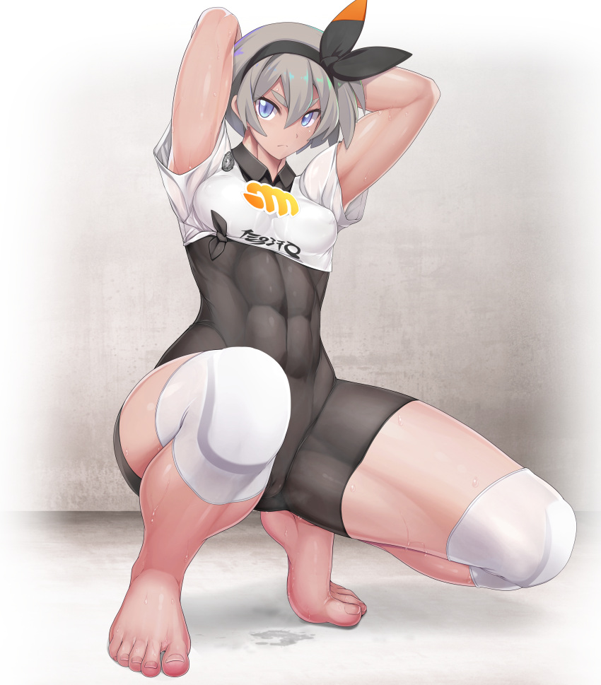 1girl, abs, absurdres, arms_behind_head, arms_up, bangs, barefoot, bea_(pokemon), black_bodysuit, black_hairband, blue_eyes, blush, bodysuit, bodysuit_under_clothes, bow_hairband, breasts, closed_mouth, collared_shirt, covered_navel, dark_skin, dark-skinned_female, feet, grey_hair, gym_leader, hair_between_eyes, hairband, highres, knee_pads, long_hair, looking_at_viewer, muscular, muscular_female, pokemon, pokemon_(game), pokemon_swsh, ruton-niki, shirt, short_hair, short_sleeves, small_breasts, squatting, sweat, thighs, tied_shirt, toned, white_shirt