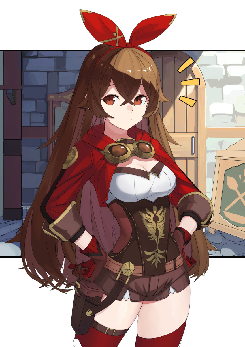 1girl, absurdres, amber_(genshin_impact), aoiro_(t_aoiro123), bangs, belt, belt_pouch, breasts, brown_gloves, brown_hair, brown_shorts, closed_mouth, cowboy_shot, crossed_bangs, genshin_impact, gloves, goggles, goggles_around_neck, hair_between_eyes, hair_ribbon, hands_on_hips, highres, hood, hood_down, long_hair, long_sleeves, looking_at_viewer, medium_breasts, notice_lines, pouch, red_eyes, red_legwear, ribbon, shirt, short_shorts, shorts, shrug_(clothing), solo, standing, thigh-highs, thighs, underbust, white_shirt