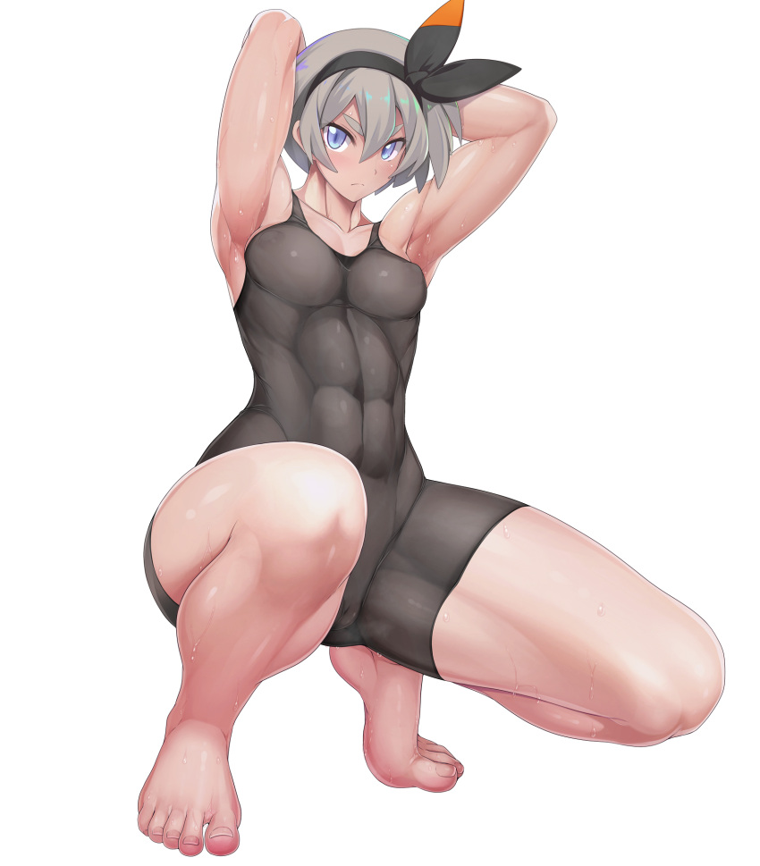 1girl, abs, arms_behind_head, arms_up, bangs, barefoot, bea_(pokemon), black_bodysuit