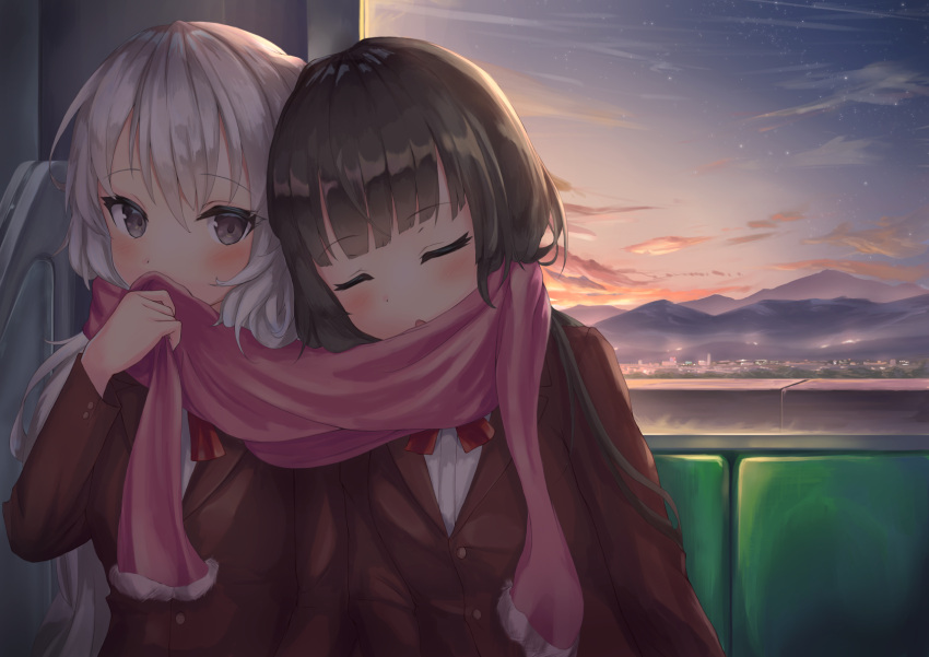 2girls, bangs, black_hair, blush, bow, breasts, closed_eyes, commentary_request